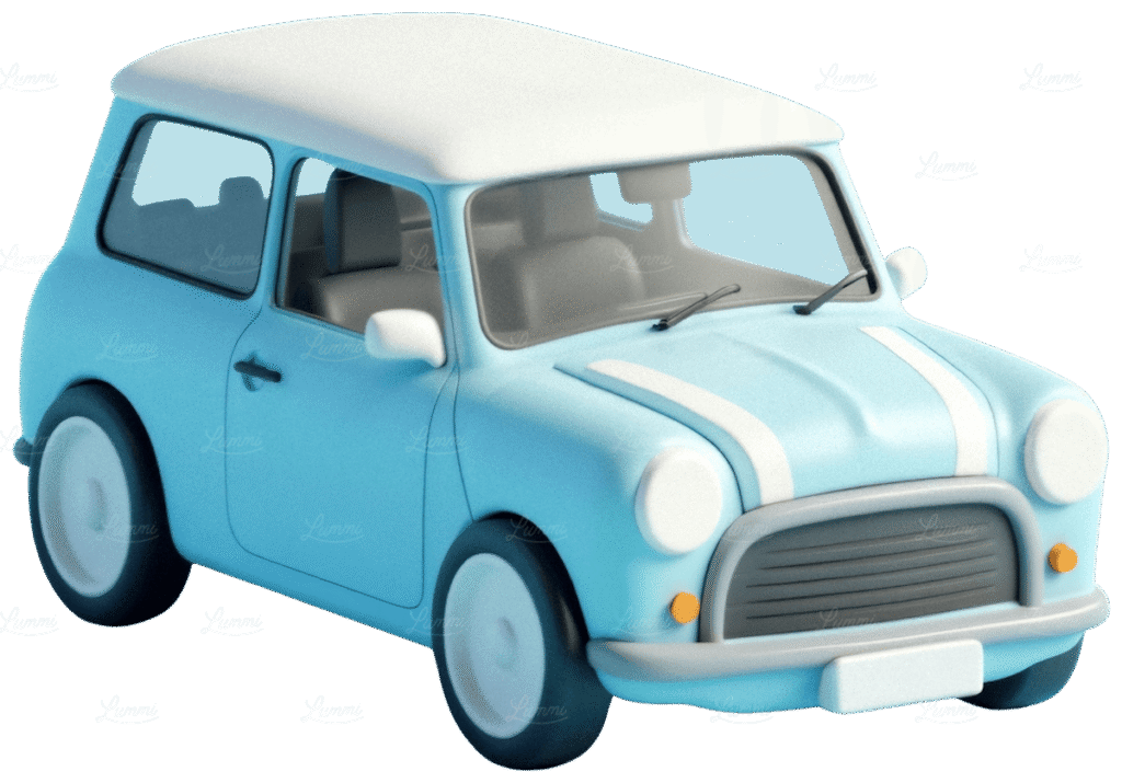 Illustration 3D d’une voiture compacte de type Mini Cooper, couleur bleu clair avec toit blanc, vue avant trois quarts.